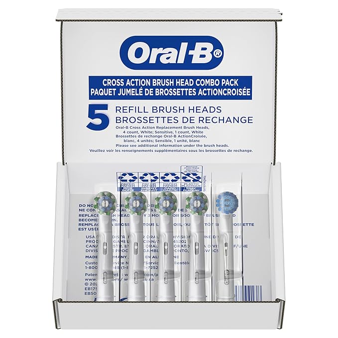 Oral-B CrossAction Electric Toothbrush Replacement Brush Heads, Black, 4 Count + 1 Sensitive White