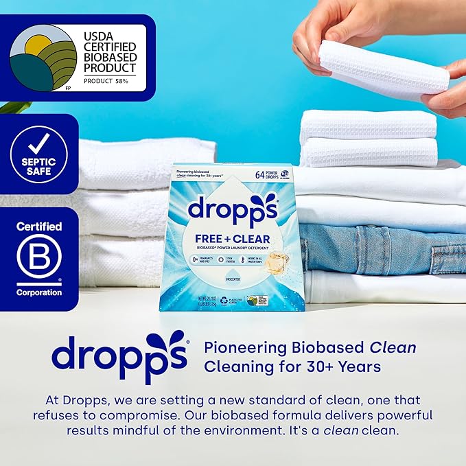 Dropps Free & Clear Laundry Detergent Pods (64 Count) - Unscented Laundry Pods | Fights Odors & Stains | Free of Dyes Parabens & Perfumes | Hypoallergenic | Clean Ingredients | Plastic Free Packaging