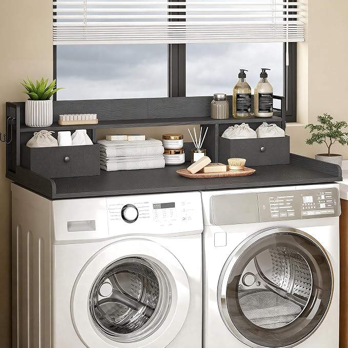 2-Tier Washer Dryer Countertop with 2 Drawers & Shelf, 2 Hooks, 27.7" D x 54" W Laundry Topper, Wooden Washer and Dryer Shelf for Folding Clothes and Storage, Easy to Install, Black