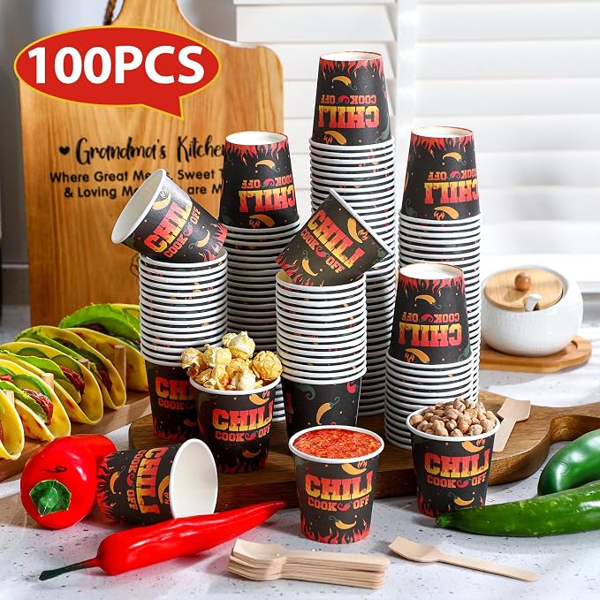 Teenyyou 100 Pcs 5 oz Chili Cook off Party Decorations Mini Chili Cook off Tasting Cups Disposable Sample Paper Cup Bowls and Wooden Spoons for Pepper Competition Prizes Party Cooking Supplies, Black
