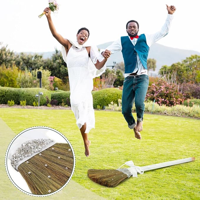 Yungyan Wedding Brooms for Jumping Ceremony DIY Bride Bridegroom 11.81 x 28.74 Inch Whisk Wedding Jumping Brooms with White Ribbons Artificial Pearl for African American Ceremony Crafts