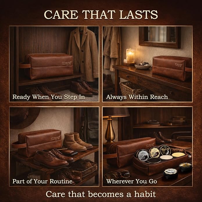 Shoe Care Kit – 16-in-1 Leather Shoe Polish, Cleaning & Conditioning Kit with Saddle Soap & Mink Oil – Black/Brown/Neutral Shoe Polish, 3 Horsehair Brushes – Premium Storage Bag – Gift for Men & Women