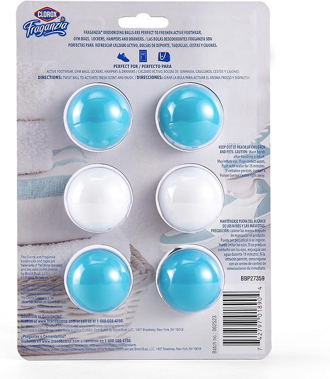 Clorox Fraganzia Deodorizing Balls for Shoes and Small Spaces, Twist-to-Activate No-Plug Odor Refresher Pods for Gym Bags, Lockers, Drawers, and Hampers, Ocean Breeze, 6 Count