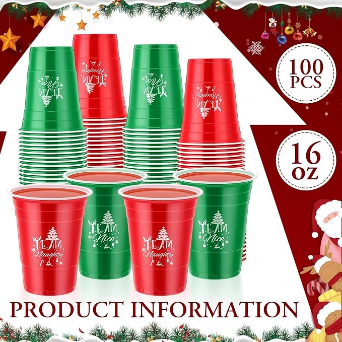 Sliner 100 Pcs 16 oz Christmas Disposable Cups Bulk Plastic Coffee Team Naughty or Nice Plastic Disposable Drinking Cups for Party Drinks Supplies