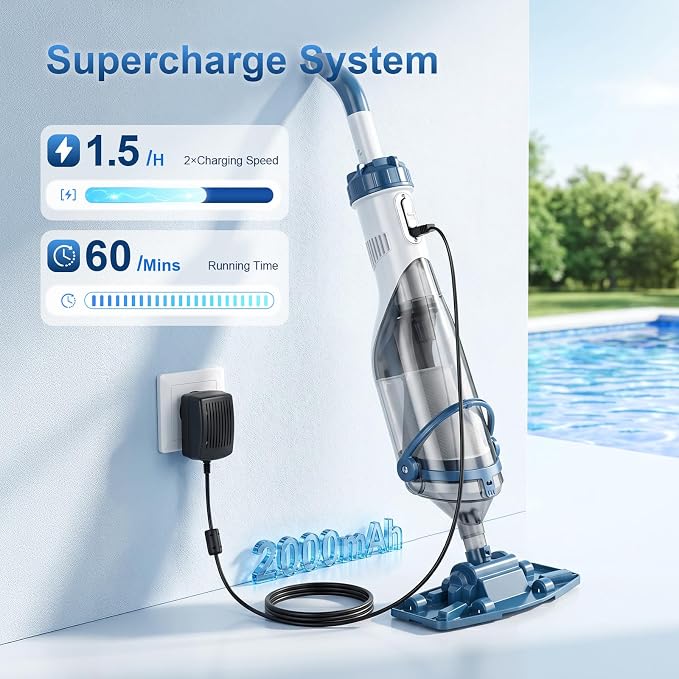 COWSAR Pool Vacuum for Above Ground Pool, VortexForce™ Technology 18.5GPM Strong Suction, 60 Min Runtime Cordless Pool Vacuum with 13.4" Wide Head & 59” Telescopic Pole for Pools/Spas/Hot Tubs, Blue