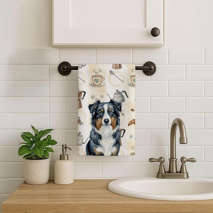 Caroline's Treasures Black Australian Shepherd Coffee Bar Kitchen Towel Velour Plush Front and Cotton Loop Back Machine Washable