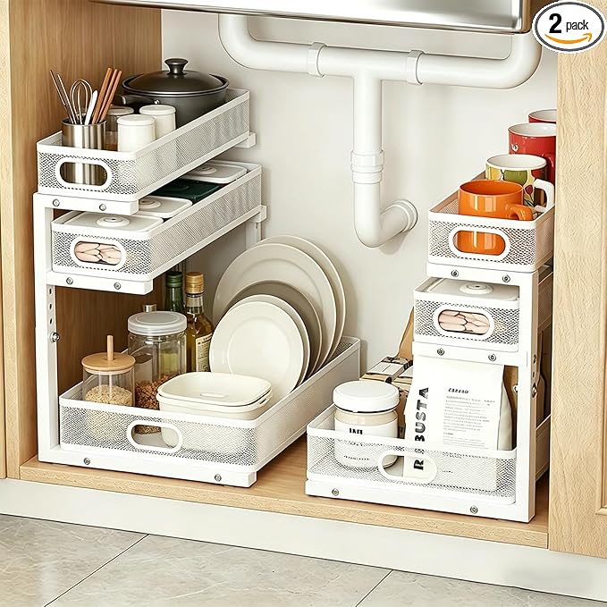 2 Pack Under Sink Organizer, 3-Tier Pull Out Kitchen Cabinet Organizer, Height Adjustable Metal Slide Out Bathroom Storage Makeup Drawer Rack for Bedroom Office Laundry Pantry Home Organization, White