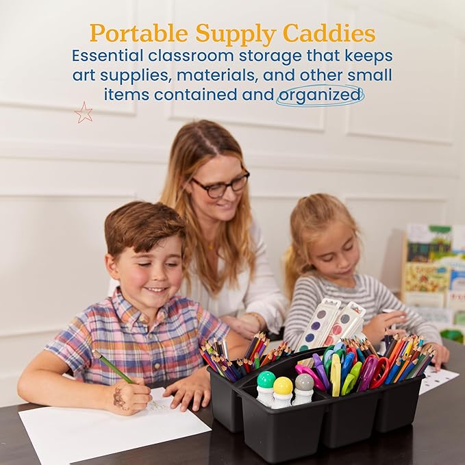ECR4Kids 6-Compartment Large Plastic Caddy, Multipurpose Organization, Black, 6-Pack