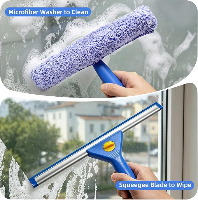 Window Cleaning Kit with 3 Gallon Bucket – 76" Long Hand Window Washing Tool Set for Home, Commercial & Car – 14" Squeegee + 15" Scrubber, Professional Grade Cleaner Equipment for High Windows