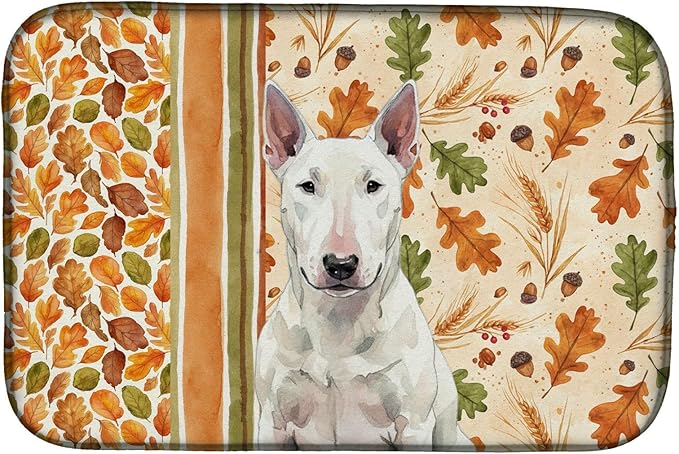 Caroline's Treasures White Bull Terrier Heirloom Fall Dish Drying Mat Absorbent Dish Drying Mat Pad for Kitchen Counter Dish Drainer Mat for Countertop, 14 x 21", Multicolor