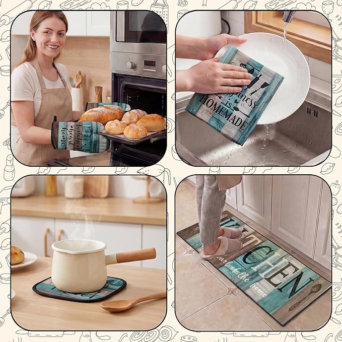 10 Pcs Turquoise Teal Kitchen Decor and Accessories Set, 4 Dish Towels Kitchen Rugs 2 Oven Mitts 2 Pot Holders, Home Decor for Cooking Baking BBQ Gifts Women Mom Housewarming