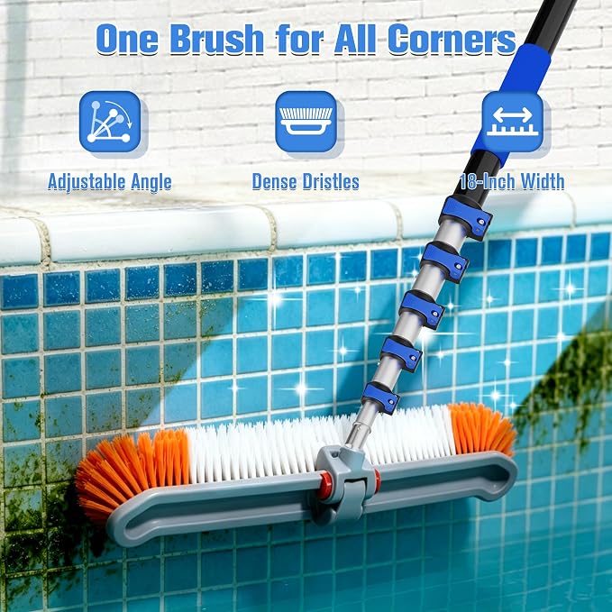 Pool Brush with 5-20FT Telescopic Pole, 18" Swimming Pool Cleaning Brush, Flip & Screw Dual Lock Adjustable Pole for Pool Wall Tile Floor Cleaning