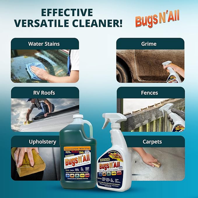 Bugs N' All Multi Surface Cleaner Spray Concentrate 1 Gal. w/Empty Cleaning Spray Bottle 32 oz. & Bug Sponge for Car Washing - Mutli-Vehicle Cleaning - Bug & Tar Remover for all Vehicles