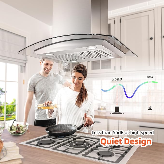 FIREGAS Island Range Hood 30 inch with 700 CFM, Ceiling Mount Kitchen Vent Hood Ducted/Ductless Convertible, Stainless steel stove hood with 3 speed fan, 4 lights, Tempered Glasss, Charcoal Filters
