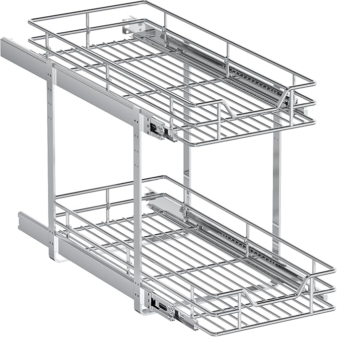 2-Tier Pull Out Cabinet Organizer, 10.5" W x 21.5" D, Heavy Duty Dual Slide Out Shelves for Narrow Base Cabinets, Chrome Wire Basket Drawer for Spices, Bottles & Snacks