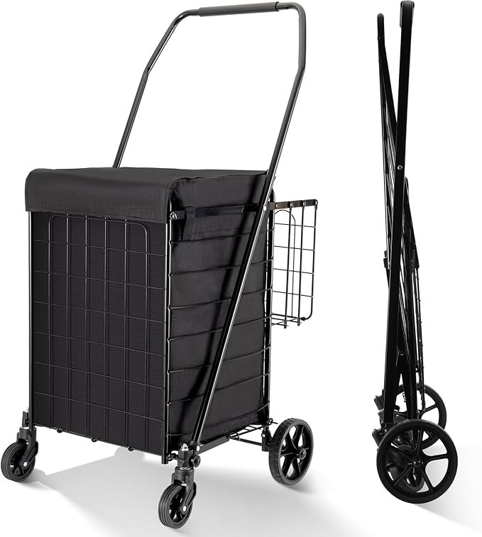 BIEAMA Folding Shopping Cart with Waterproof Liner, Grocery Cart 200 Lb | Utility Cart with Large Bag, Top Cover, 360 Rolling Swivel Wheels, Extra Basket