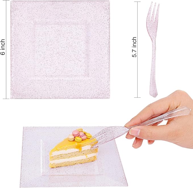 DaYammi 100Pcs Pink Dessert Plates with Forks Including 50Pcs Appetizer Plates,50Pcs Plastic Forks,Glitter Square Plate pink Disposable plates for Wedding,Plastic Cake Plate for Party Bridal Shower