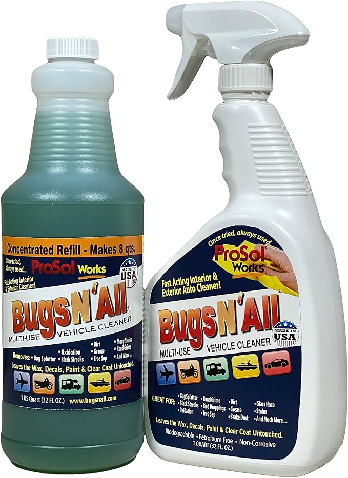 Bugs N' All Multi Surface Cleaner Spray Concentrate 32 oz. w/Empty Cleaning Spray Bottle 32 oz. & Bug Sponge for Car Washing - Mutli-Vehicle Cleaning - Bug & Tar Remover for all Vehicles