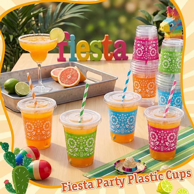 Domensi 48 Sets Fiesta Plastic Cups with Lids and Paper Straws 12oz Mexican Cinco De Mayo Disposable Drinking Cups Bulk for Cold Drinks Baby Shower Wedding Papel Picado Theme Birthday Party Supplies