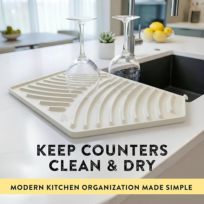 Silicone Dish Drying Mat with Drain, Self-Draining, Heat Resistant & Non-Slip Kitchen Counter Mat, Easy to Clean, Reusable, 19.3'' x 13'', Greige