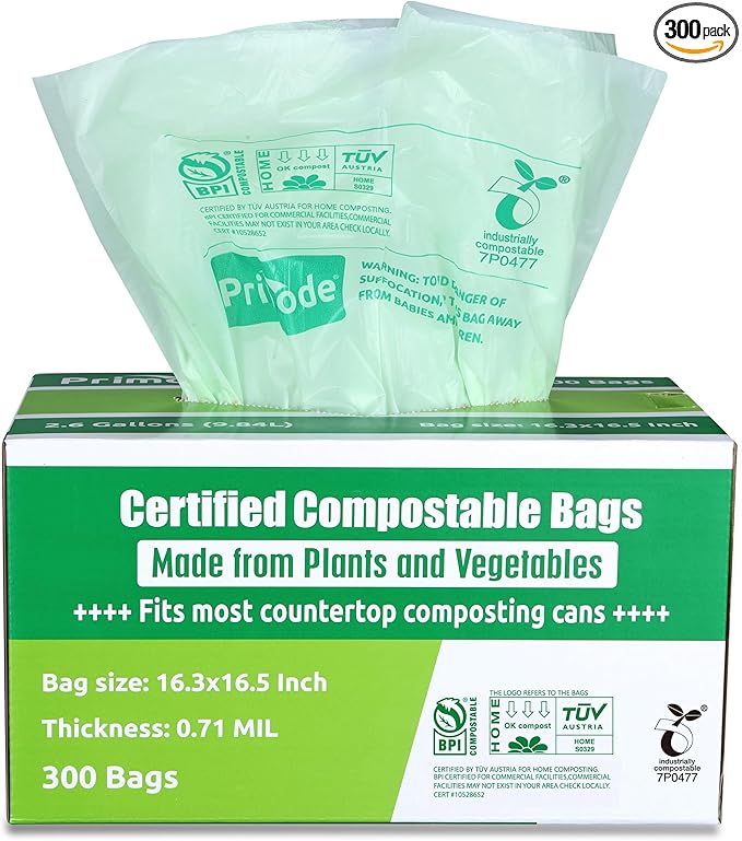 Compostable Bags, 2.6 Gallon Food Scraps Yard Waste Bags, 300 Count, Extra Thick 0.71 Mil. ASTM D6400 Compost Bags Small Kitchen Bag Certified by BPI and TÜV AUSTRIA