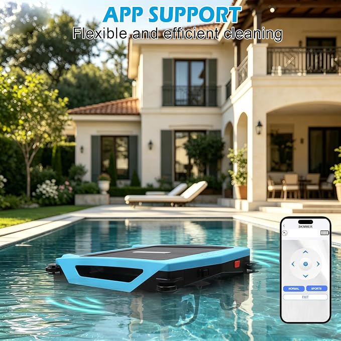 Sky Blue Solar Pool Skimmer Robot, APP Control 24/7 Auto Cleaner | Dual Charging, Ideal for Above Ground & In-Ground Pools