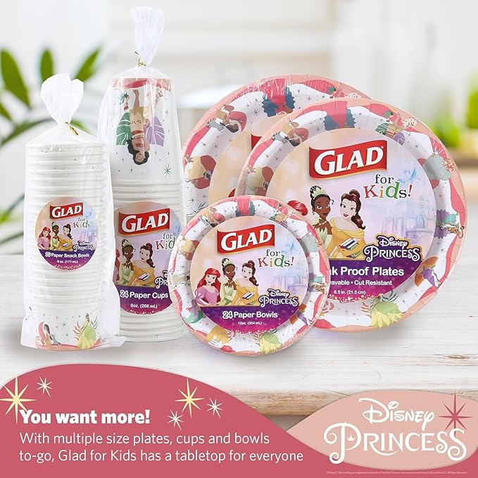 Glad for Kids Disney Princess Disposable Paper Plates, Magic is in All of Us Design - Heavy Duty, Soak-Proof, Microwavable Kid-Friendly Plates for Everyday Meals, 8.5 inch, 24 Count - 2 Pack