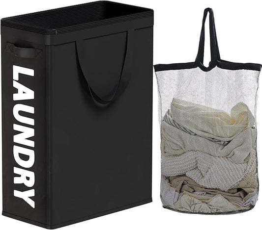 Slim Laundry Hamper with Removable Inner Bag and Side Handles, 45L Small Laundry Baskets to Store Clothes, Narrow Dirty Clothes Hamper for Laundry Room, Bathroom, Bedroom, and Living Room - Black