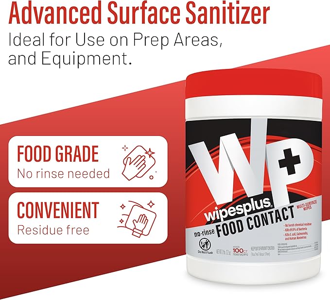 WIPESPLUS Cleaning Wipes All Purpose Food Contact - No Rinse, No Residue, Quick Dry Formula, Disinfecting Wipes For Restaurants, Foodservice, Schools - Canister, 100 Count