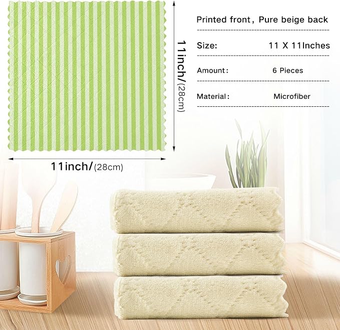 Green Stripes Kitchen Towels Dish Cloths Set of 6 Microfiber Cleaning Cloths for Cars Super Absorbent Machine
