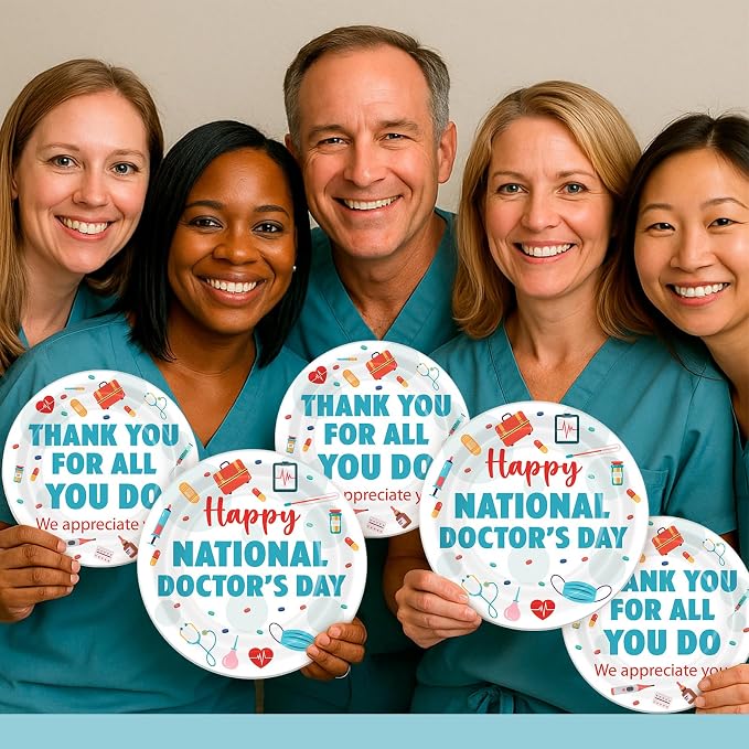 Remerry 96 Pcs Happy National Doctor's Day Party Supplies Thank You for All You Do Paper Plates Napkins Disposable Appreciation Doctor Employee Staff Tableware for Holiday Party Decoration