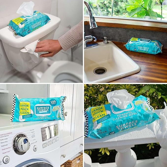 Juniper CLEAN Single Surface Wipes with Bleach, Thick & Large Dispose, All-Purpose Cleaner for Bathroom, Kitchen, Office, 100 Count Soft Flow, Biodegradable, Fresh Scent