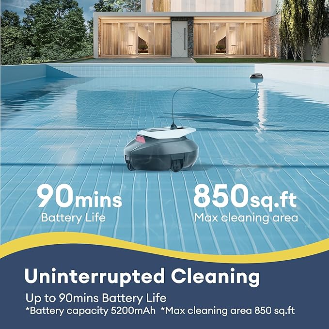 Robotic Pool Cleaner, Pool Vacuum for Above & In-Ground Pool, Dual-Motor Suction, 90Mins Runtime Automatic Self-Parking, 2.5h Fast Charging, Up to 850 Sq.ft, Pooleco S110