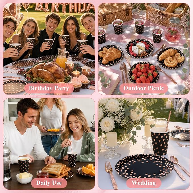 200PCS Black and Rose Gold Paper Plates Party Supplies Severs 25 Guests Disposable Paper Plates Set, 7’’&9’’ Paper Plates Cups Napkins Forks Set for Birthday, Mothers Day, Baby Shower Wedding