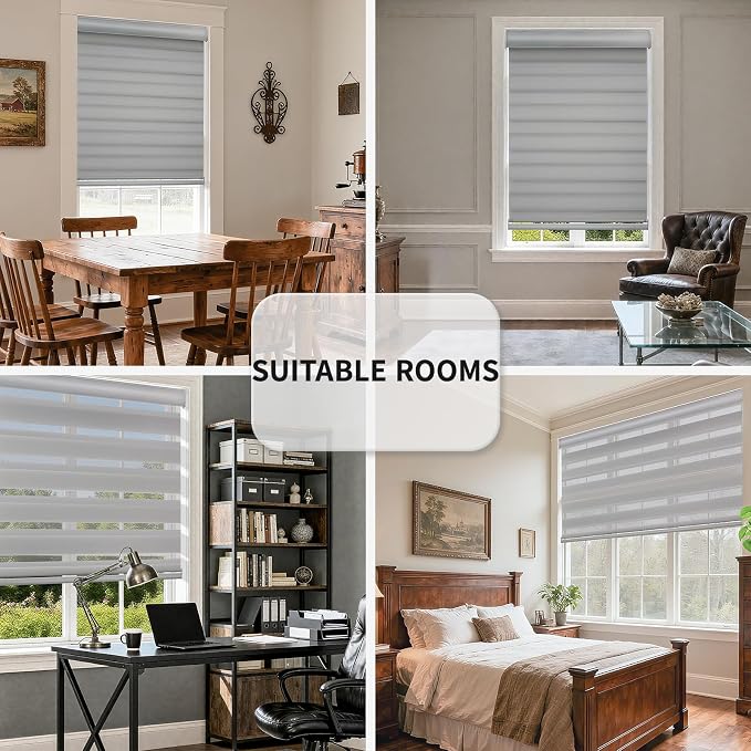 MYshade Cordless Zebra Blinds with Free-Stop Function - Dual Layer Light Filtering & Privacy Sheer Shades for Day and Night - Easy Install Window Shades for Home, Living Room, 27" W x 64" H,Grey