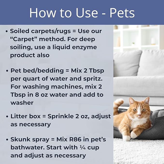 R86 Pet Odor Eliminator, Removes Odor from Litter Boxes, Carpet, and Hard Surfaces, Even Removes Skunk Smell from Cats & Dogs, Plant Based Formula, Use Wet or Dry, Hypoallergenic & Biodegradable