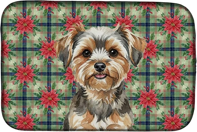 Caroline's Treasures Yorkiepoo Christmas PoinsettIas Dish Drying Mat Absorbent Dish Drying Mat Pad for Kitchen Counter Dish Drainer Mat for Countertop, 14 x 21", Multicolor