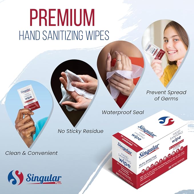 Hand Sanitizing Wipes Travel Size by Singular Wipes –30ct Individually Wrapped | Fragrance-Free, Moisturizing, 70% Isopropyl Alcohol Wipes | Travel, Home, Office, Daily Use