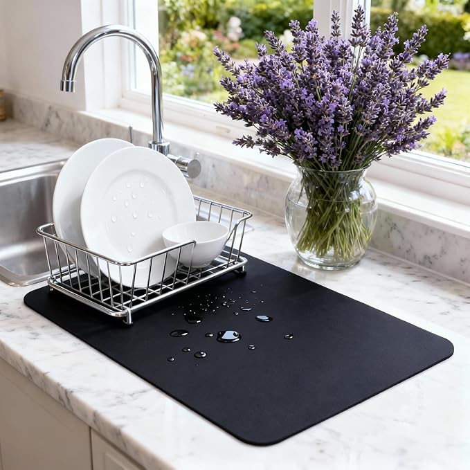 Dish Drying Mat Super Absorbent – 16" x 12" Coffee Mat for Countertops – Non-Slip Drying Mat for Kitchen Counter – Easy to Clean Water Absorbent Mat – Quick Dry Dish Drying Mats (Black)