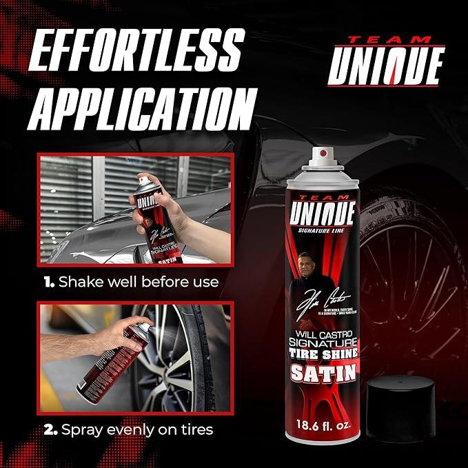 Team Unique Tire Shine Satin – 18.6 fl oz (Pack of 12) | Low-Gloss Satin Tire Shine Spray | UV Protection Against Cracking & Fading | Non-Greasy, Low-Sling Formula for Cars, Trucks & SUVs