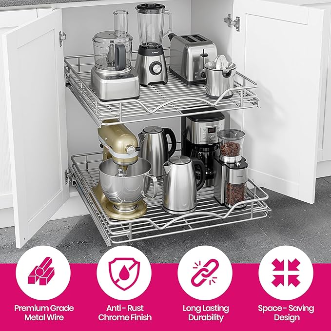 2-Tier Pull-Out Cabinet Organizer with Heavy-Duty Steel Frame, Full-Extension Sliding Shelves, Holds 100 lbs, Easy Install for Kitchen, Pantry & Under Sink Cabinets, 28" W x 21”D x 16.5" H