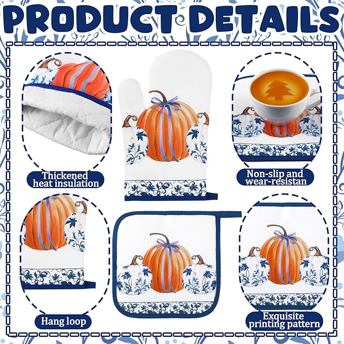 Fanfanwin 10 Pcs Thanksgiving Pumpkin Kitchen Decor Set Kitchen Towels Pot Holders Oven Mitts and Rugs Set Blue and White Porcelain Decor for Baking Cooking BBQ Home