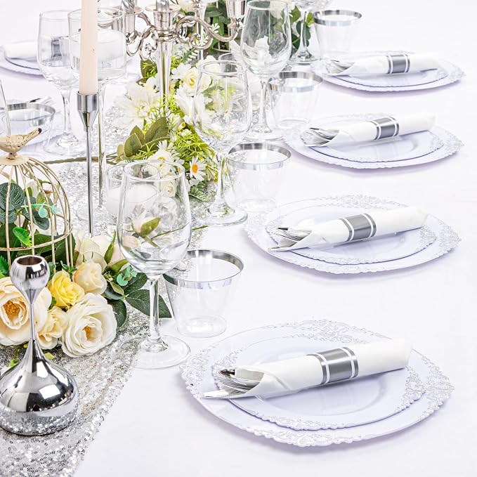 Liacere 350PCS Silver Plastic Plates&Pre Rolled Napkins for 50 Guests - Plastic Dinnerware Sets 100Silver Disposable Plates, 150Silver Silverware, 50Cups and 50Napkins for Wedding&Party