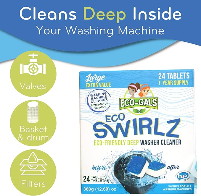 Eco-Gals Eco Scrubz Deep Dishwasher Machine Cleaner Unscented, 12 Count Tablets - 1 Year Supply plus Eco-Shines Dishwasher Detergent Pods With 3 in 1 Power of Liquid, Powder, and Gel for Brig