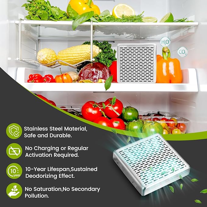 Refrigerator Deodorizer,10 Years Long Fridge Odor Eliminator,Car Air Freshener,Closet Odor Absorber,Outperforms Baking Soda and Bamboo Air Purifying Bags，Stainless Steel