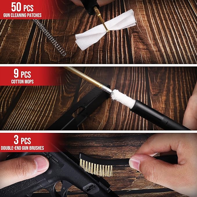 GLORYFIRE Universal Gun Cleaning Kit for Handgun Shotgun & Pistol,Elite Gun Cleaning Set with High-end Brass Brushes, Mops, Jags, Reinforced Rods and Gun Cleaning Snake&Ropes