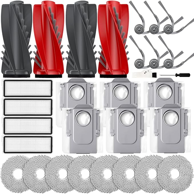 30PCS Qrevo Curv Accessories for Roborock Qrevo S5V/Qrevo Curv/Qrevo Edge S5A/Qrevo Curv S5X/Qrevo Edge,Qrevo S5V Replacement Parts: 4 Main Brushes,6 Side Brushes,8 Mop Pads,4 HEPA Filters,6 Dust Bags
