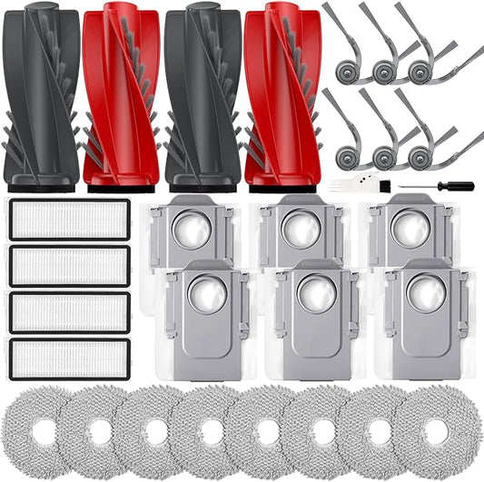 30PCS Qrevo Curv Accessories for Roborock Qrevo S5V/Qrevo Curv/Qrevo Edge S5A/Qrevo Curv S5X/Qrevo Edge,Qrevo S5V Replacement Parts: 4 Main Brushes,6 Side Brushes,8 Mop Pads,4 HEPA Filters,6 Dust Bags