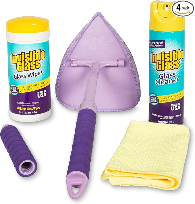Invisible Glass 99096 4-Piece Home Glass Cleaning Essentials Kit Including Reach & Clean Tool, Premium 19 Oz. Aerosol Glass Window Cleaner, (40) Glass Cleaning Wipes, (1) Waffle Weave Towel