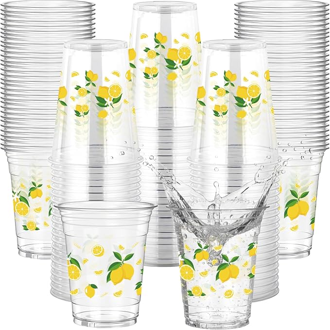 Rngmsi Lemon Plastic Cups for Party - 50 Pcs Lemonade Stand Supplies, 12 OZ Clear Disposable Lemonade Cups, Summer Lemon Party Decorations for Birthday